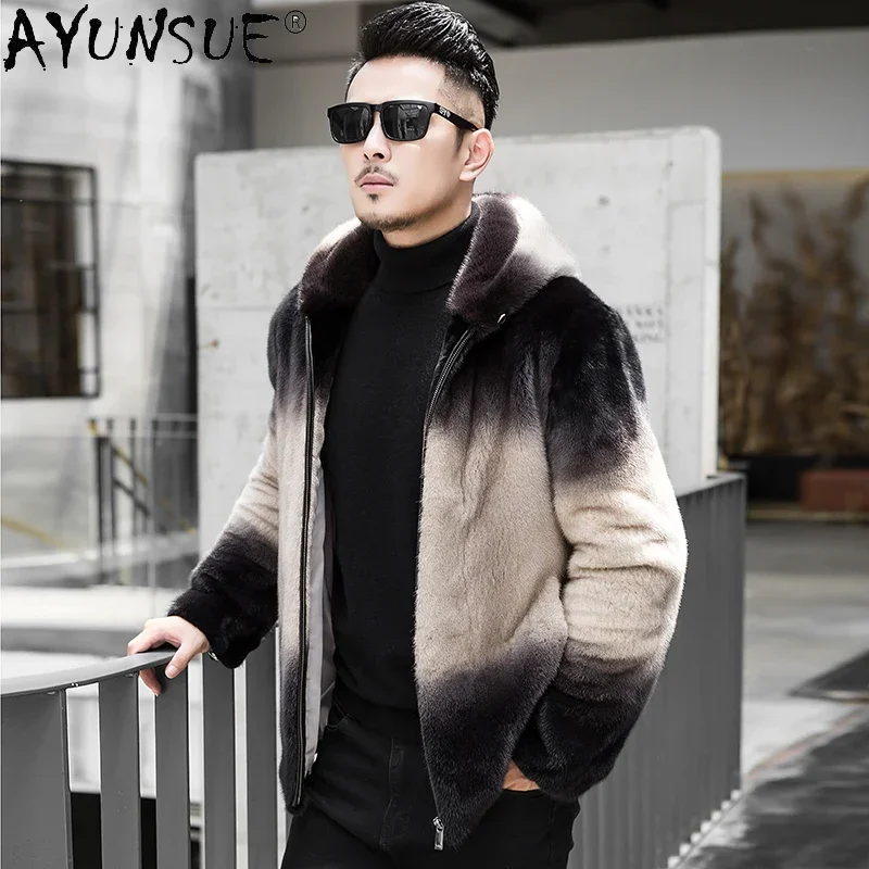 

AYUNSUE Brand Real Mink Fur Jackets for Men Hooded Winter 2023 Natural Fur Coat Casual Mens Fur Jacket Coat Jaqueta Masculina