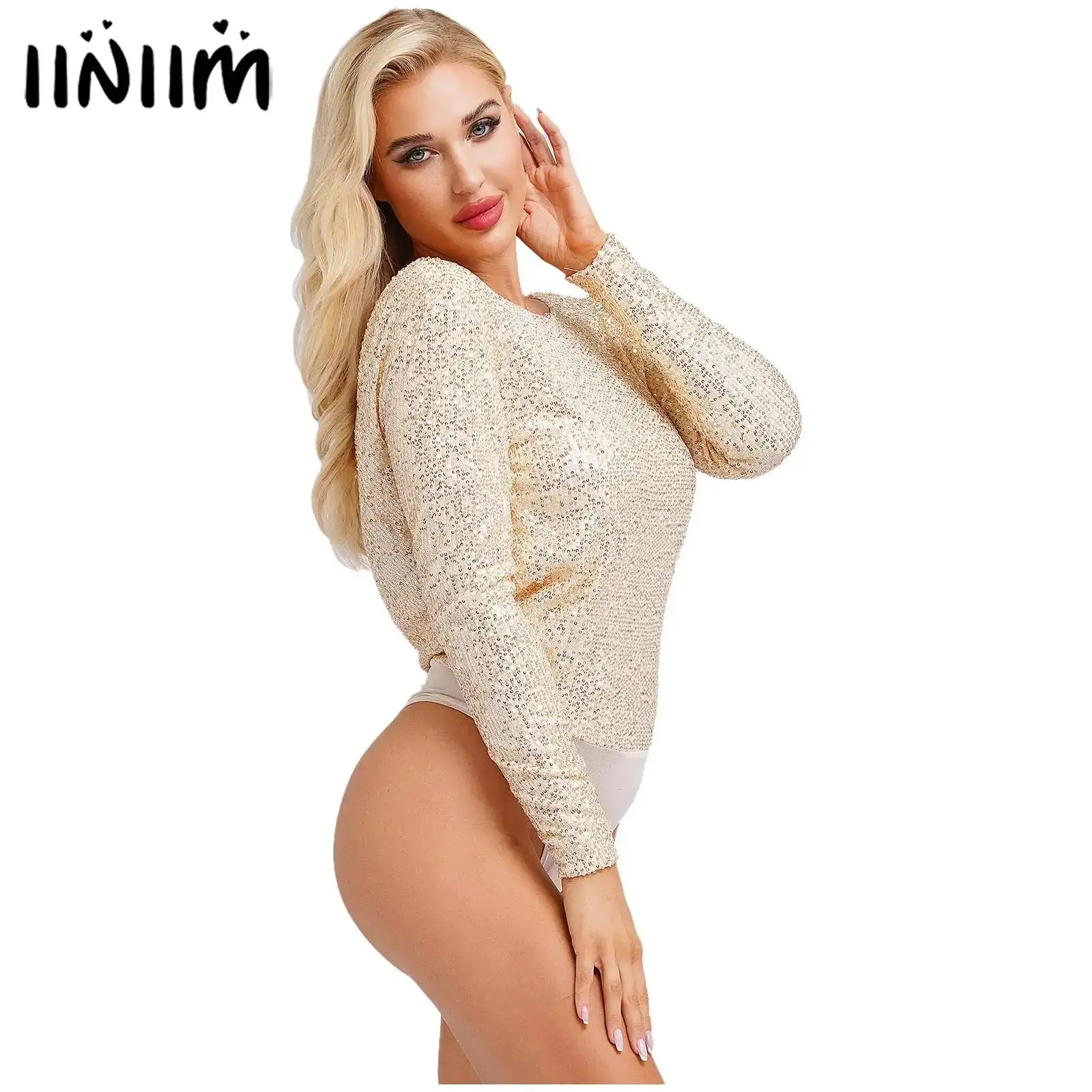 

Women Long Sleeve Leotard Bodysuit Tops Round Neck Sparkle Sequin Romper Crotch Press Button Draped Cowl Back Jumpsuit T-Shirts
