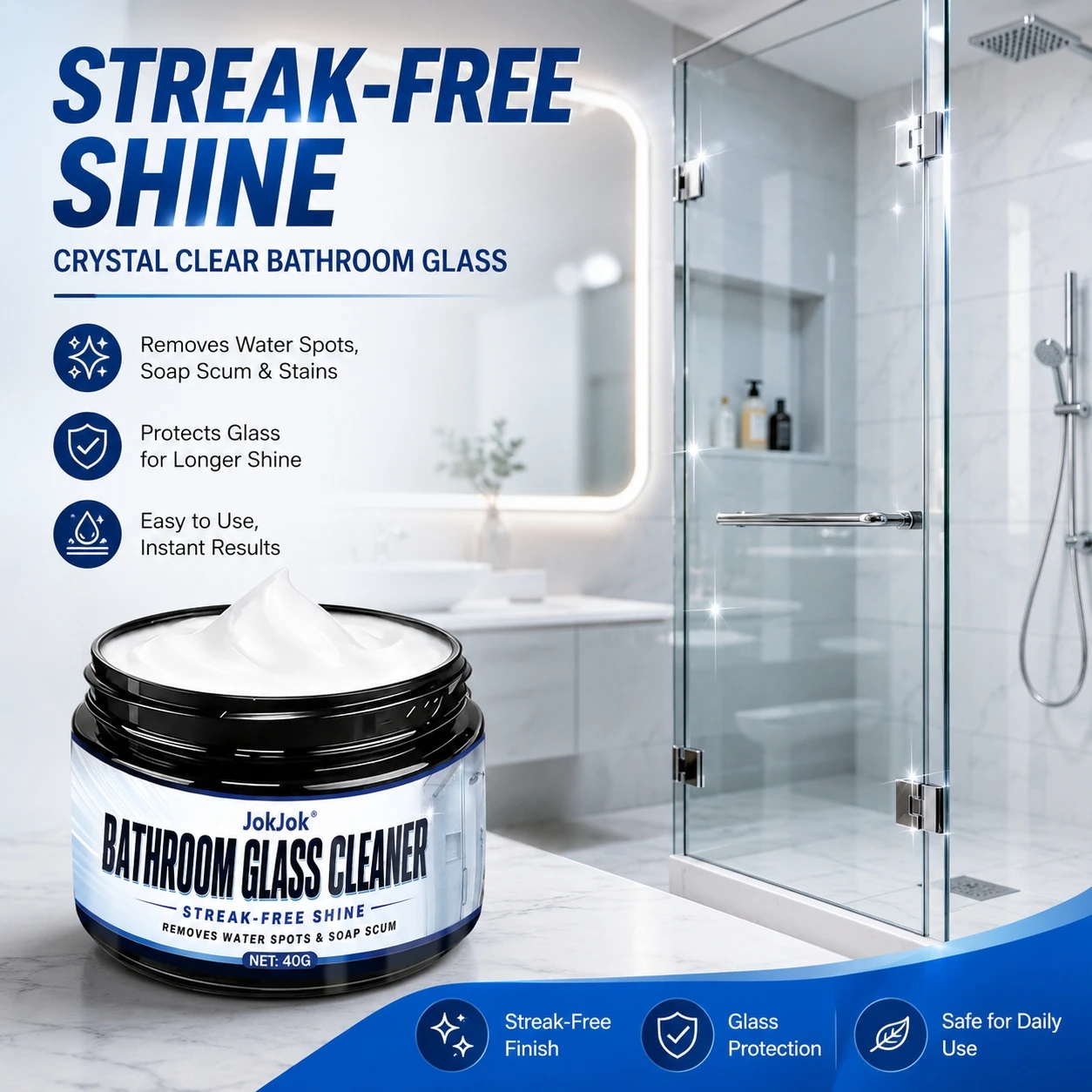 Glass Oil Film Polish Paste, Powerful Hard Water Stain Remover, Bathroom Glass Cleaner, Shower Door & Tile Polishing, Home Windo