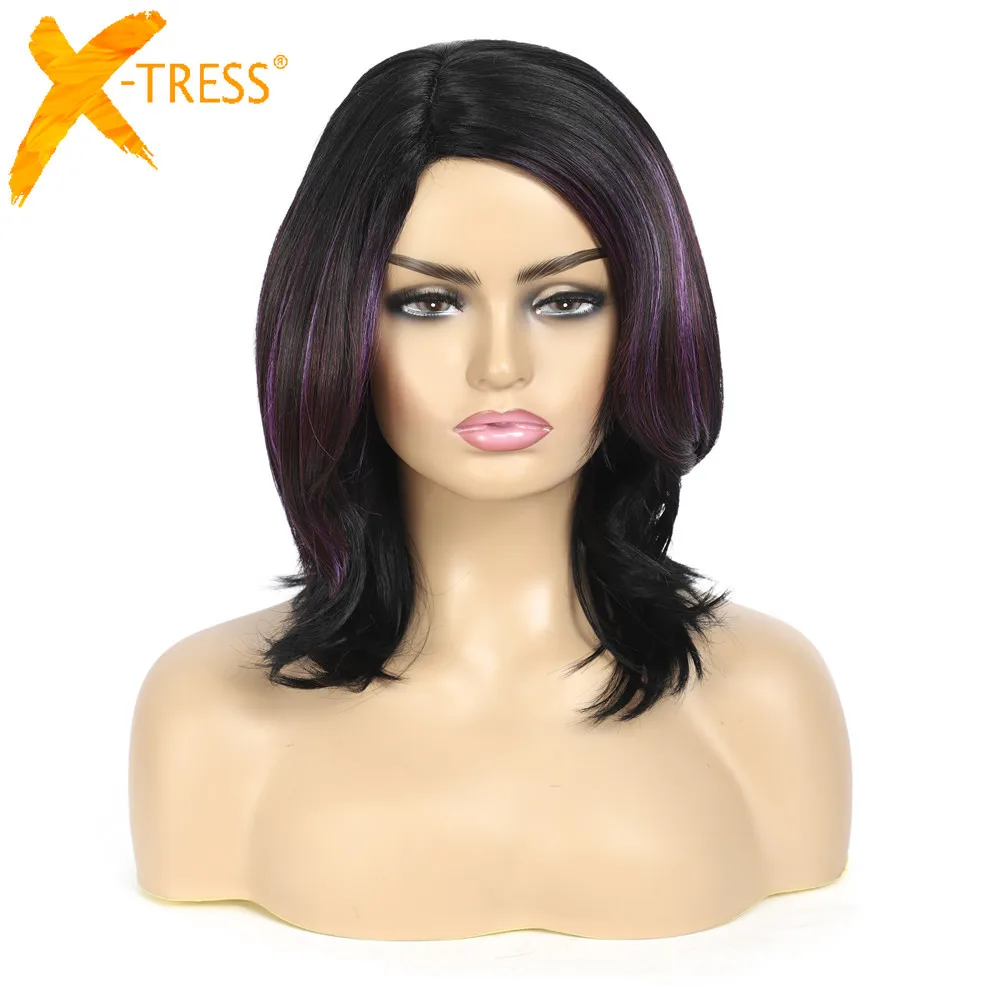 Peruca feminina de cabelo sintético, com X-TRESS lateral, estilo vintage, comprimento médio, fibra de alta temperatura, roxa, máquina para uso diário,