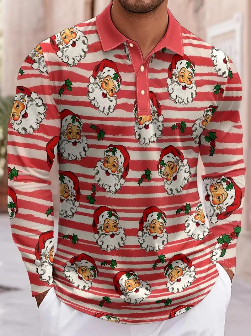

Christmas Santa Claus 3D printed men's polo shirt fashion autumn long sleeved shirt breathable holiday party Casual men clothing