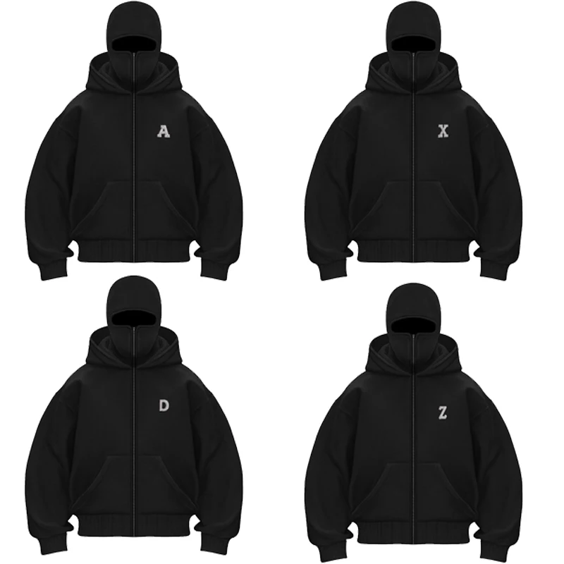 Winter Men Women Black Zip Hoodie Face Mask Pearl Letter Applique High Street Casual Unisex Style Loose Sweatshirts Outerwear