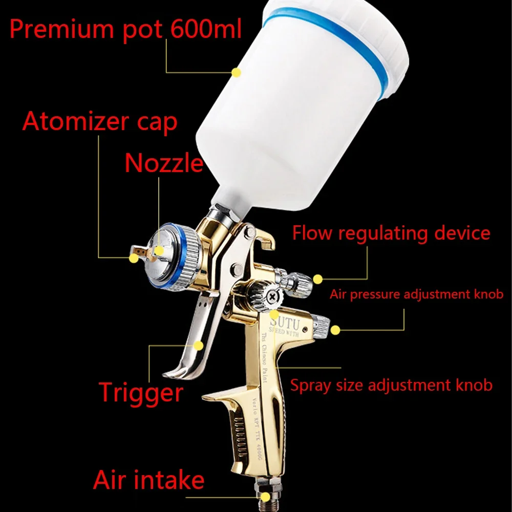 Gravidade-Tipo Baixa Pressão Manual Pot Pistola de Pintura, Chapa Metálica Automotiva, Alta Atomização, Móveis, Topcoat