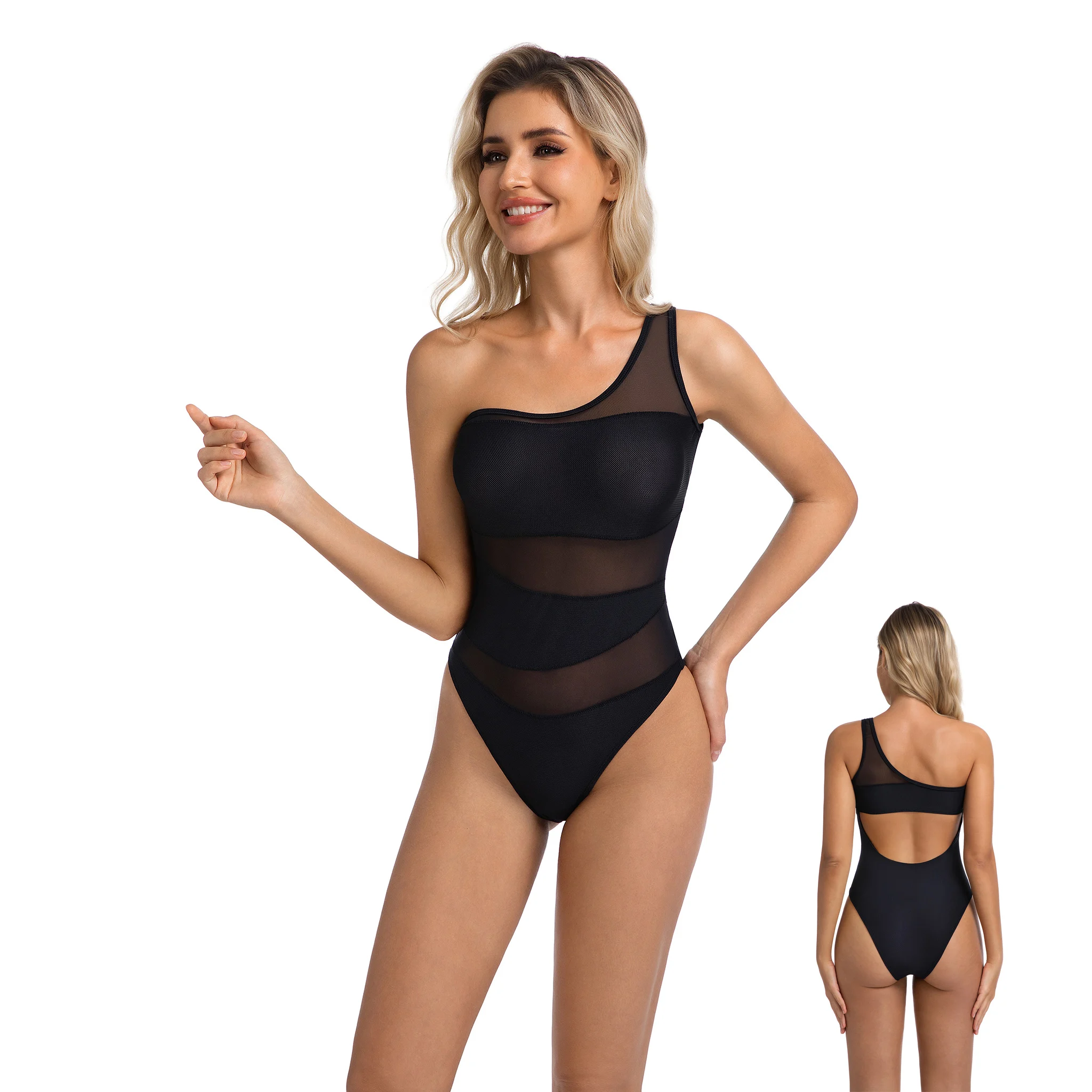 

Volagor Minimalist Black One Piece Swimsuit Tan Through Sun Permeable Technology One Shoulder Mesh Mesh Panel Sexy Bathing Suit