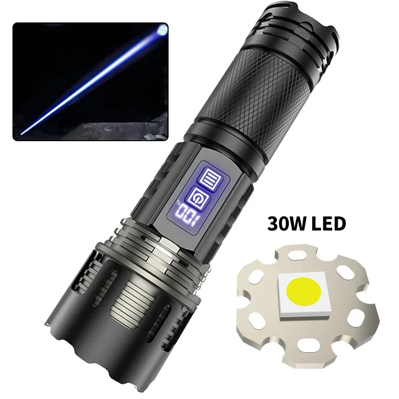 ZHAOZHANGX New 30W LED High-Power Long-Range Flashlight Multi-Function Telescopic Zoom Digital Battery Level Display Torch