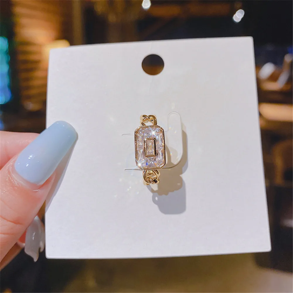 Real Gold Electroplated Copper Inlaid Zircon Niche Design Square Ring Retro Ring Korean Fashion Accessories Girl's Luxury Ring