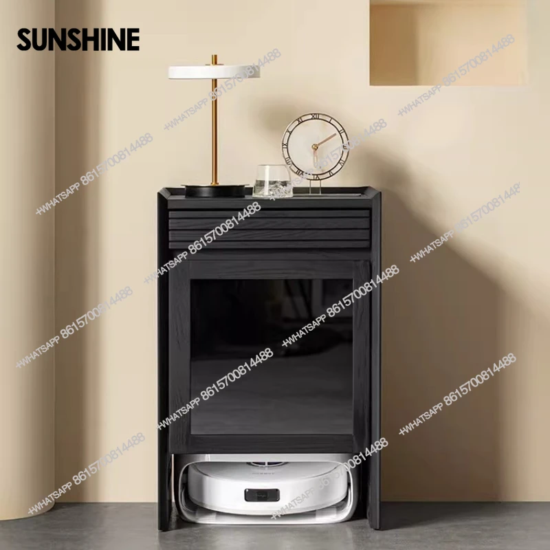 

Black solid wood mobile low cabinet storage cabinet sweeping cabinet