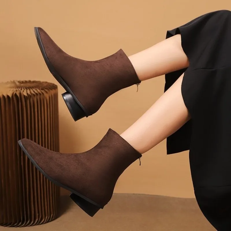 

Fashion Women Ankle Boots Winter Suede Leather High Heels Spring Autumn Luxury Suede Pointed Shoes Block Mid Heels Booties