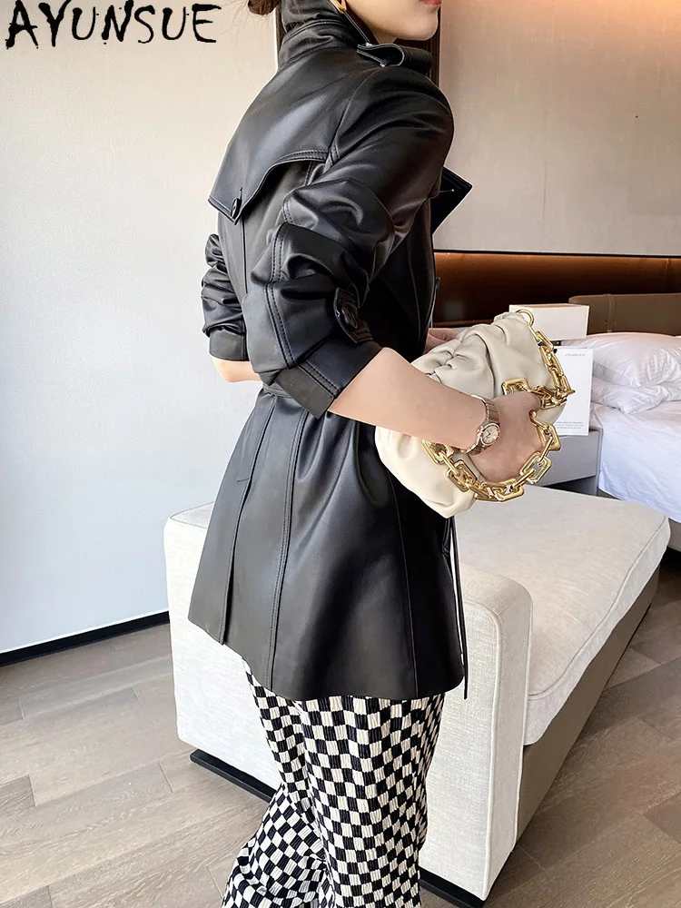 YUNAUE Giacca in vera pelle Abbigliamento donna Primavera Autunno Cappotti di pelle di pecora Trench lungo Md per uomo Cintura Jaqueta De Couro