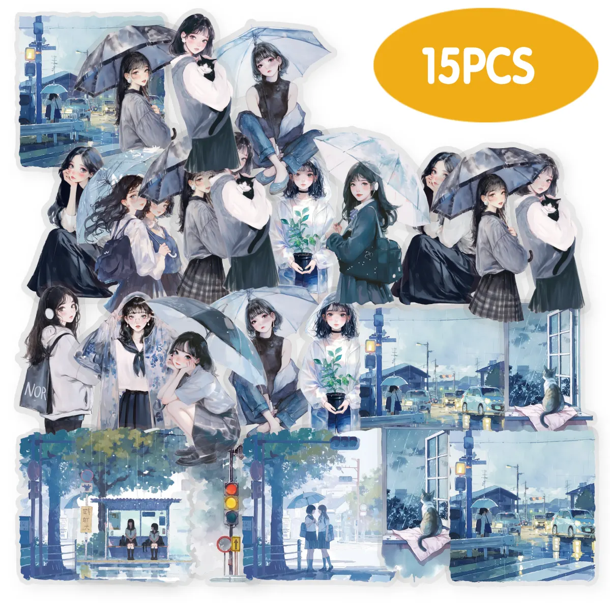 

15pcs Rainy Day Girl Sticker Pack for Laptops, Phone Cases, Albums, Home Decor, DIY Journals, Scrapbooks, School Supplies