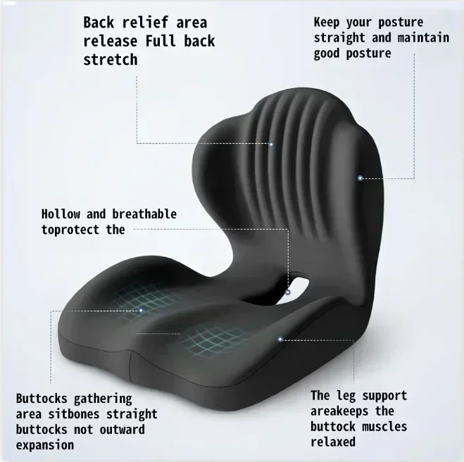 Ergonomisches, geschwungenes Sitzkissen aus Memory-Schaumstoff zur Entlastung von Ischiasdruck, zur Haltungskorrektur, geeignet für Büro, Zuhause, Auto und Rollstuhl. – Detail 12