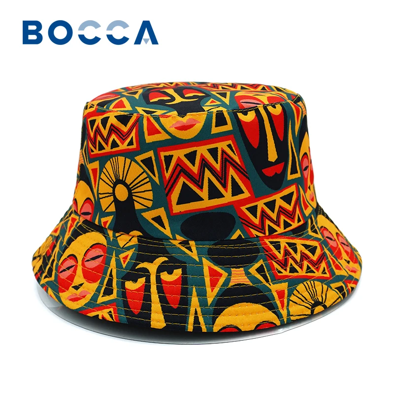 Bocca Cartoon Painting Mask Bucket Hat Facial Makeup Printing Fisherman Hats Double Sides Panama Cap Unisex Outdoor New Style