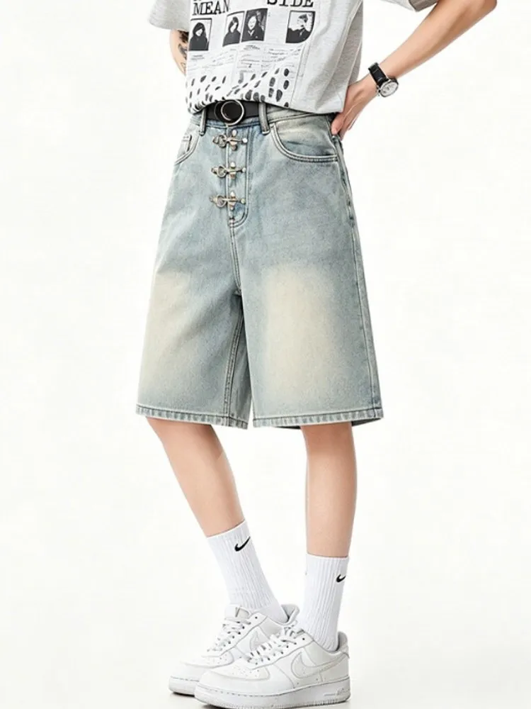 Summer Casual Men Versatile Metal Buckle Straight-Leg Shorts Loose Fit Low Waist Fashion Men High Street Knee Length Short Jeans