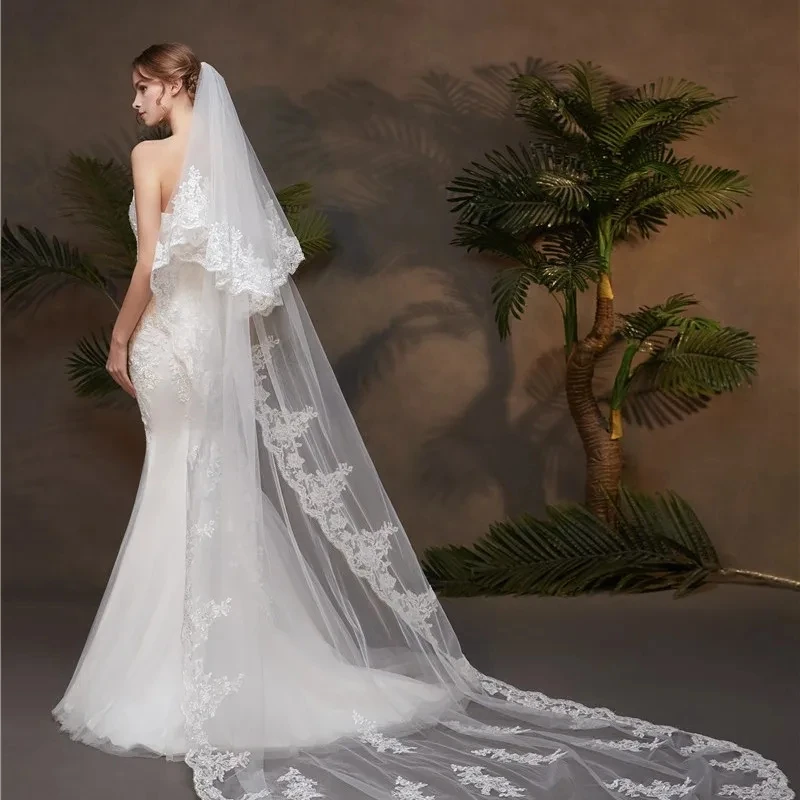 White/Ivory 2-Layer Lace Edge 3m Church Wedding Headcloth with Comb Bridal Headcloth Accessories Bridal Veil
