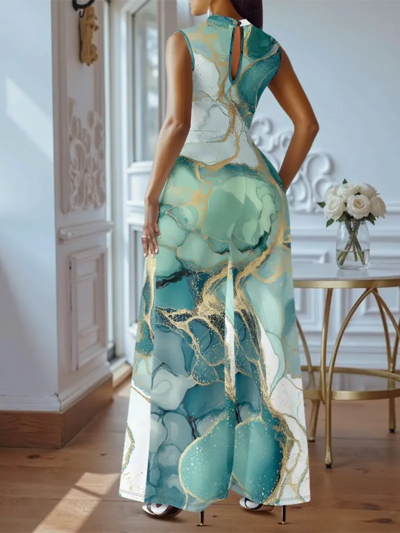 New European and American Style Round Neck Knitted Sleeveless Long Dress Floral Print Summer Casual Jumpsuit