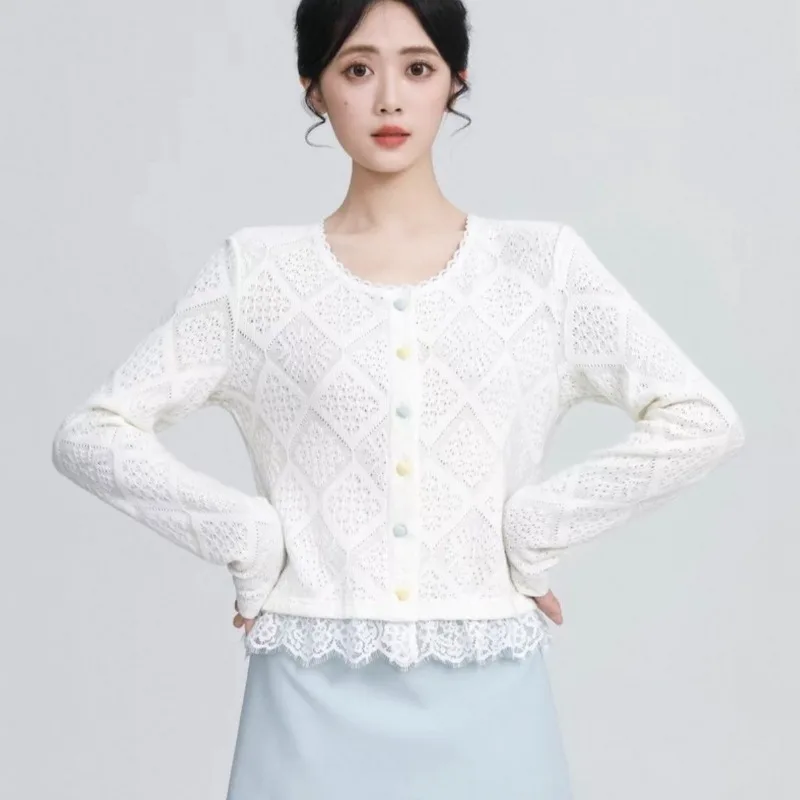 

Short Long-sleeved Knitted Cardigan for Women Hollow Lace Round Neck Solid Color Button Patchwork Top