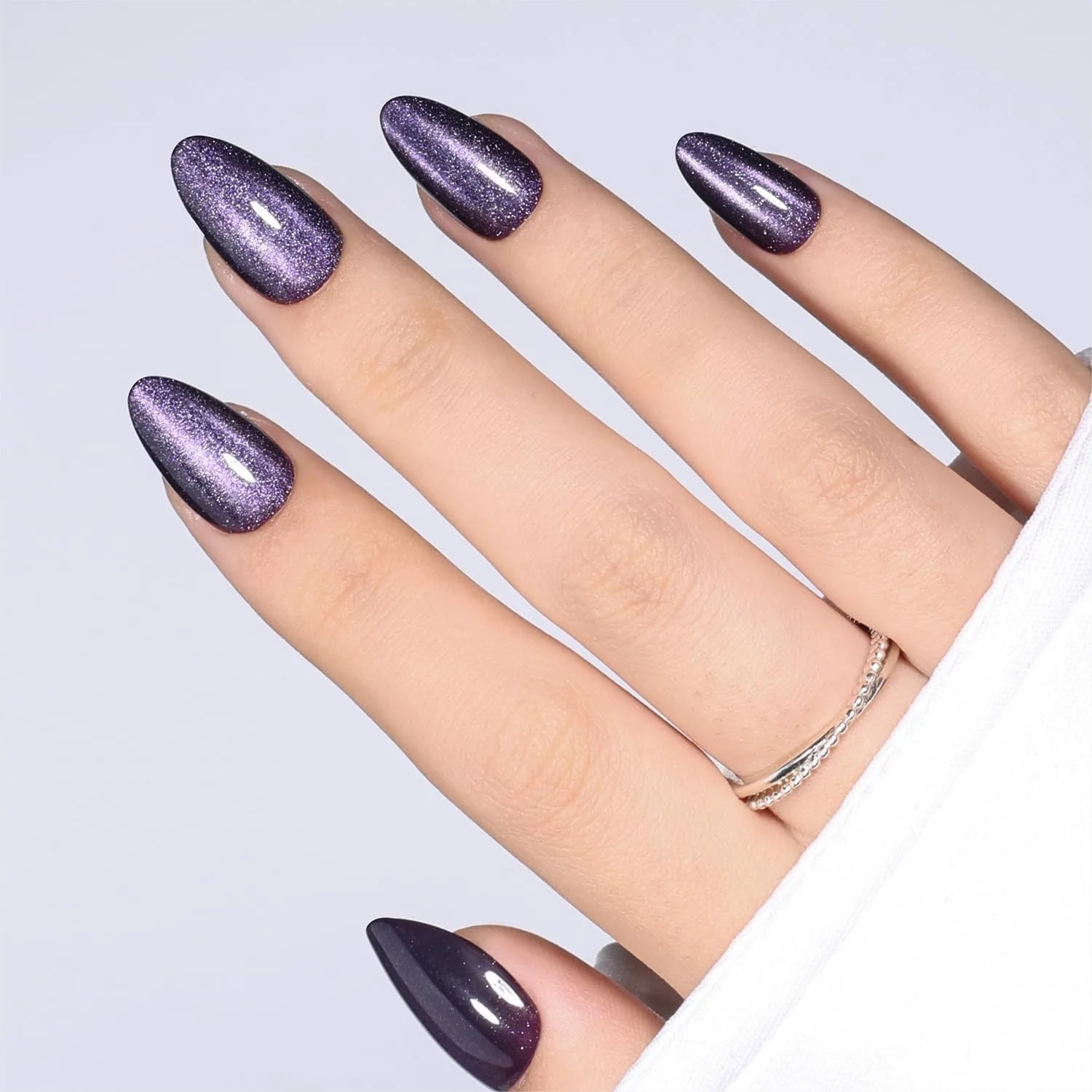 

Cat Eye Press On Nails Almond Short Purple, 32pcs Reusable Fake Nails Kit with Glue & File for Women Girls