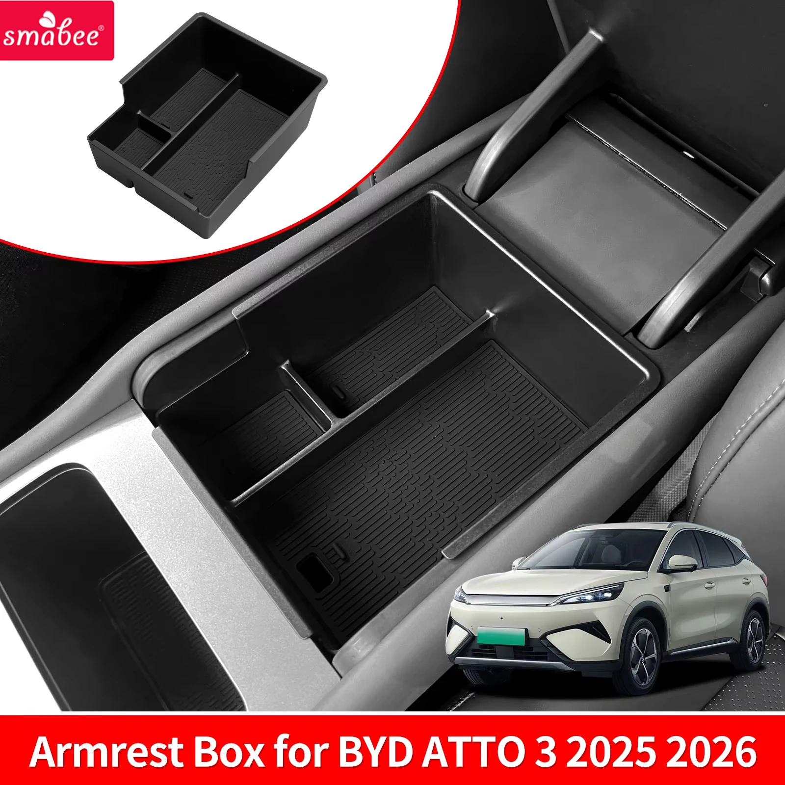 Smabee für BYD ATTO3 EVO Version 2025 2026 Mittelarmlehnenbox Auto-Aufbewahrungsbox Zubehör Organizer Ordnungsbox ABS Schwarz