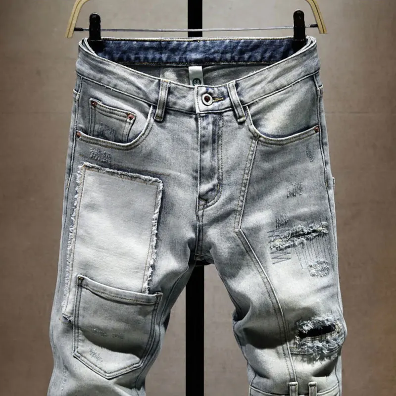 Street Designer Fashion Men Jeans Retro Gray Blue Stretch Slim Fit Painted Ripped Jeans Men Hip Hop Vintage Denim Pants Hombre