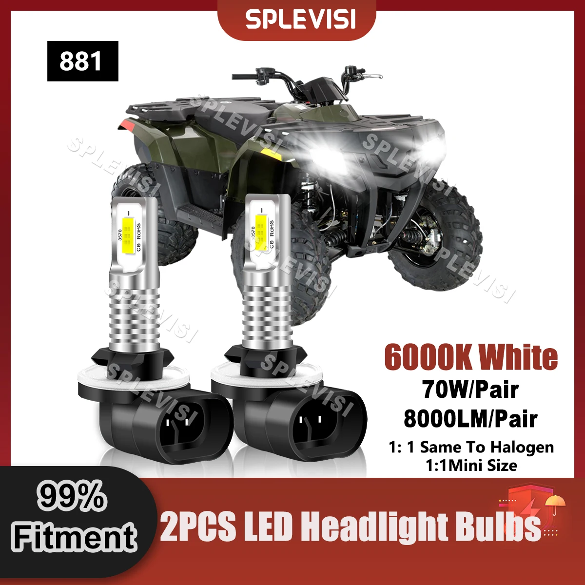 1 пара светодиодных фар 881 70 Вт 8000LM для Polaris Sportsman 400 2001 2002 2003 2004 2005 2007 2008 2009 2010 2011 2012 2013 2014