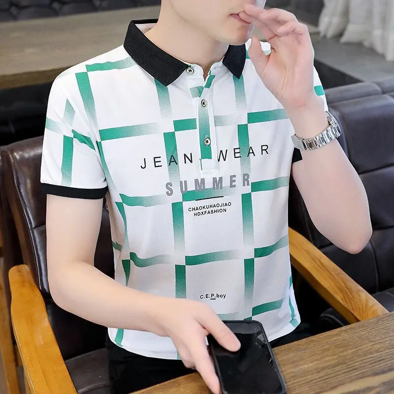 Business Casual Plaid Spliced T-shirts Summer Polo-Neck Button Men's Clothing Contrasting Colors Chic Letter Printed Polo Shirts