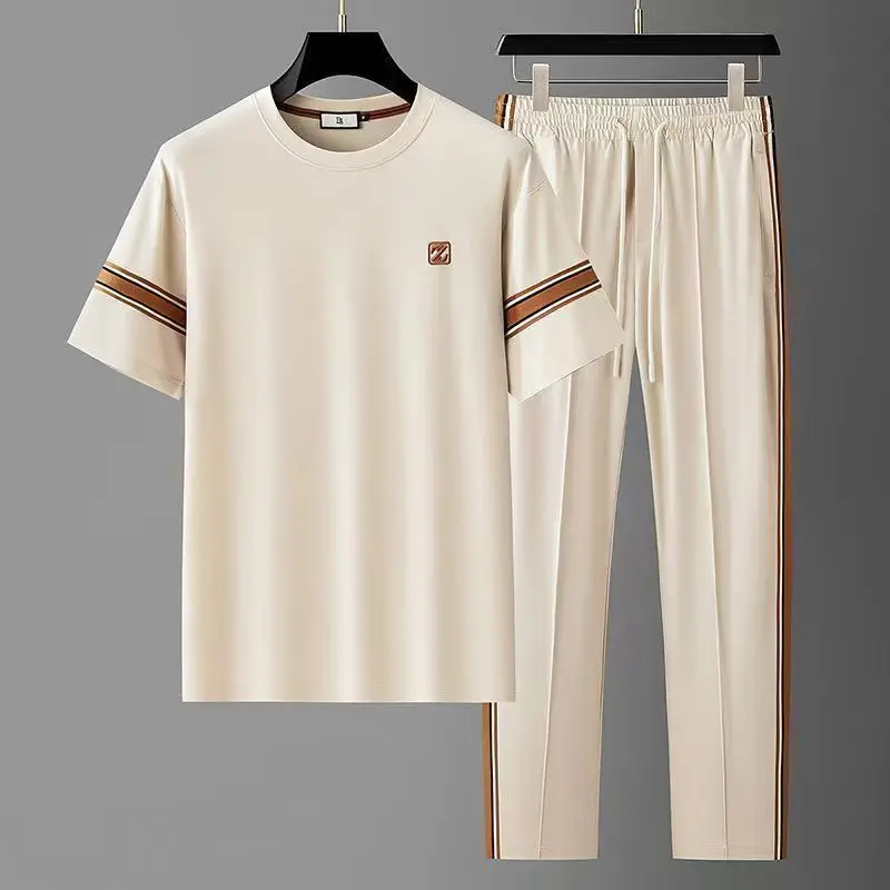 

Summer New Loose Two Piece Set Men's Short-sleeved T-shirt Drawstring Pants Korean Wrinkle Sports Casual Suit Trend Men Clothes