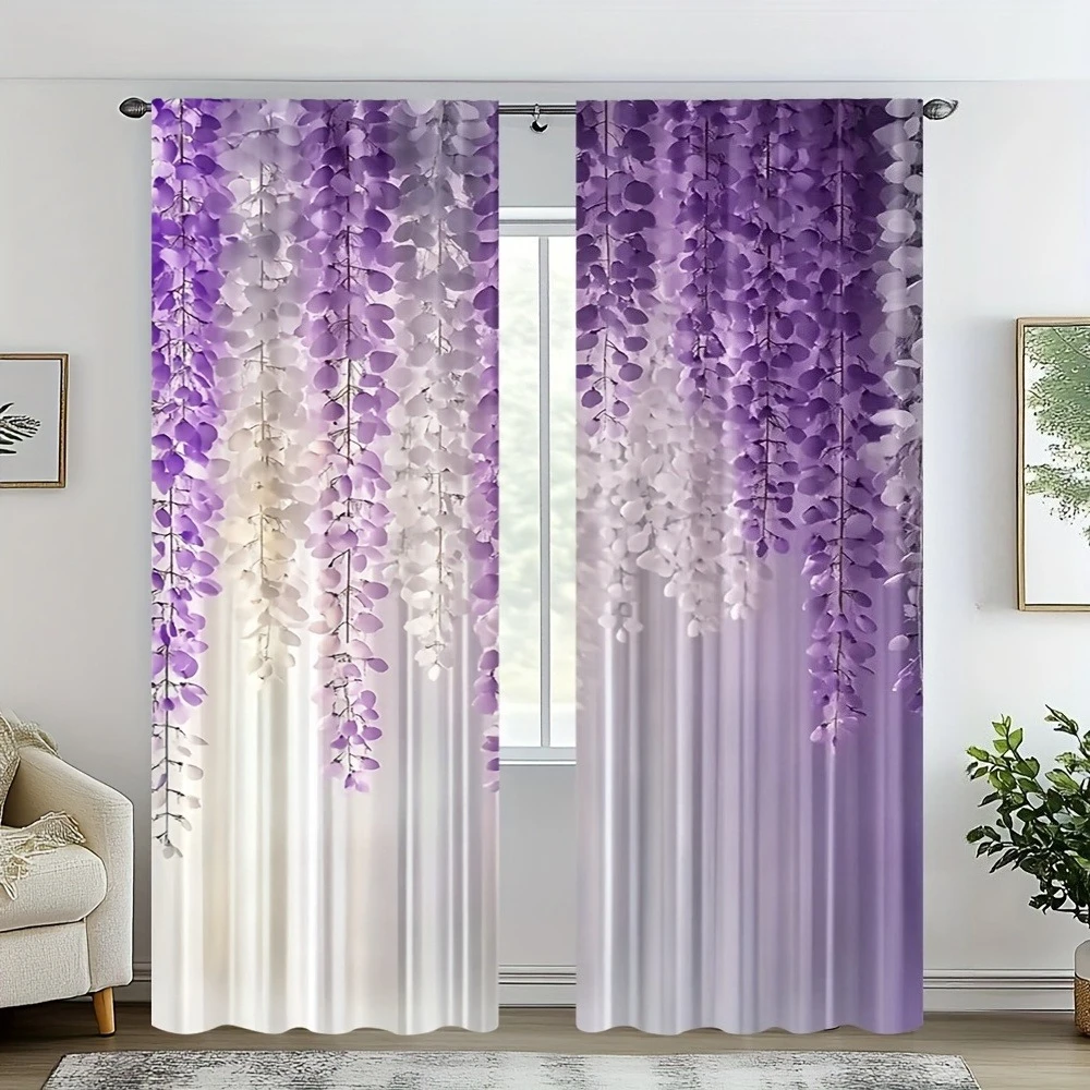 2 Pcs Modern Purple Floral Rod Pocket Curtains – for Living Room Bedroom Office Home Decor