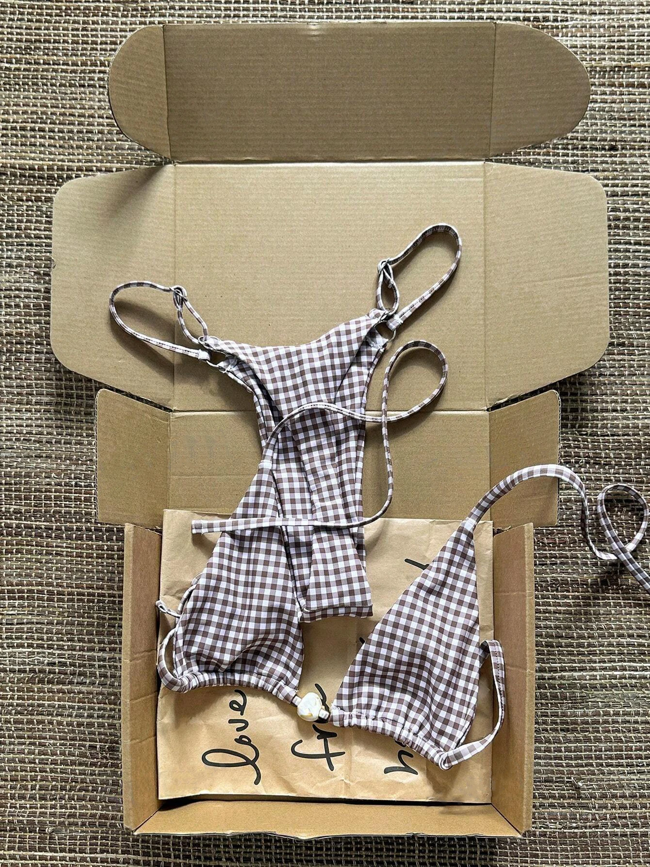 Vintage Brown Gingham Two Piece Bikini Set Triangle Tie Thong Bikini Holiday Beach Bathing Suit