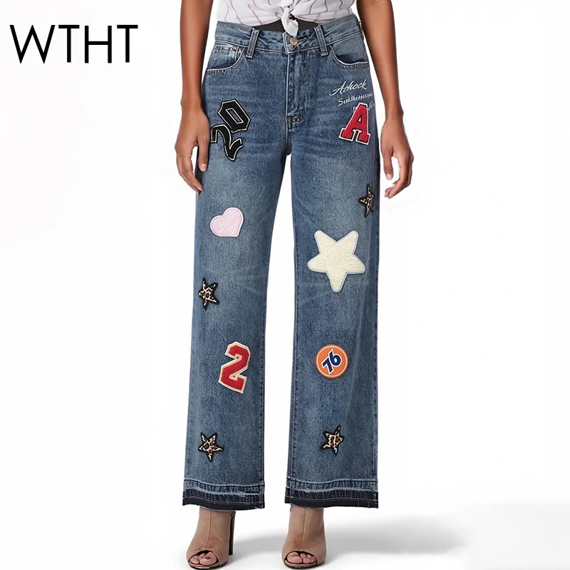 

WTHT Новые модные женские джинсы с нашивками в стиле Heavy Industry, повседневные, весна 2026, трендовые, с высокой талией, прямые, джинсовые брюки для женщин 1LS2945