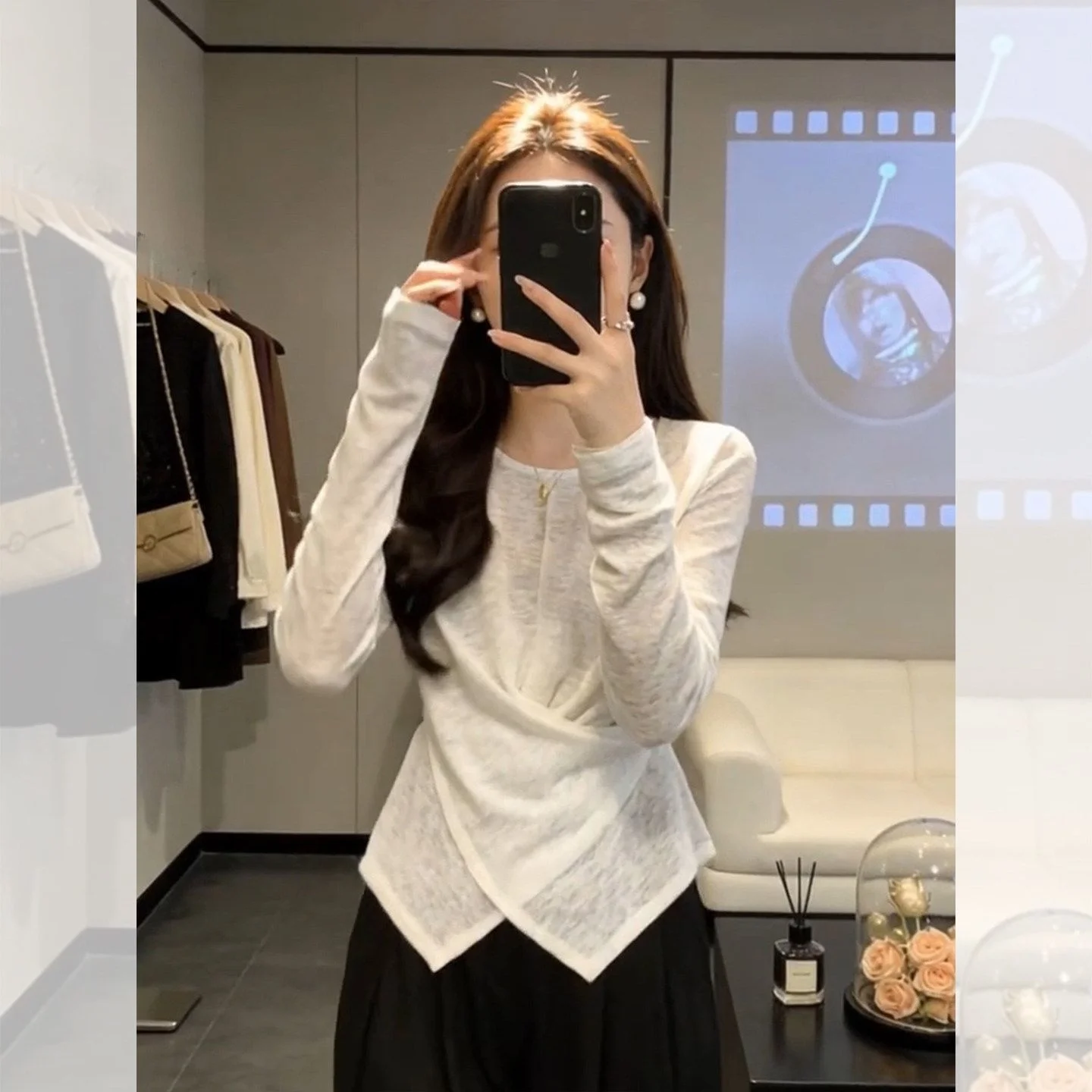 Chic Korean Style Long Sleeve White T-Shirt Women's Spring Summer Fashion Design Beautiful Split Regular Fit Cotton Top