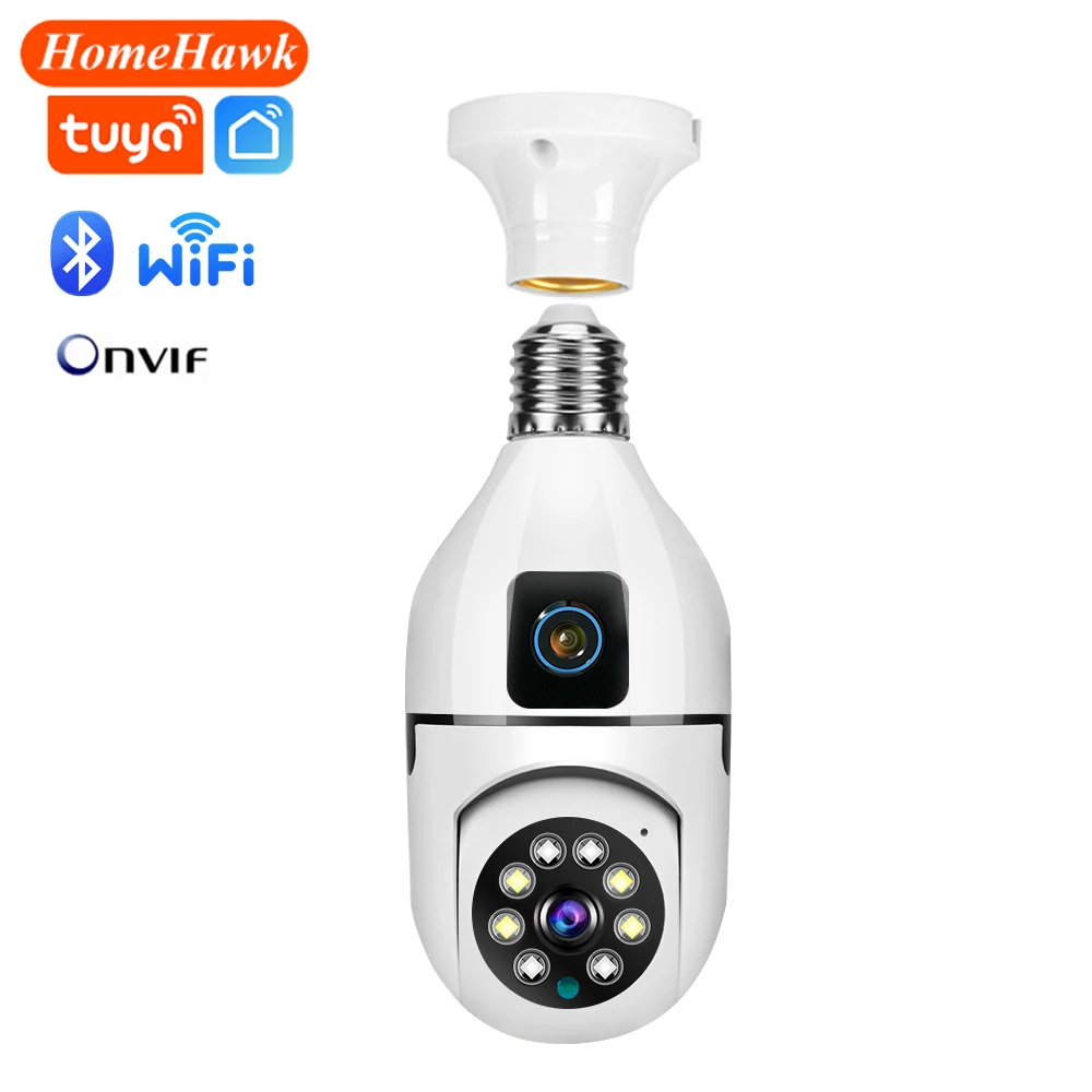 Dual Lens E27 Bulb Camera Wifi Tuya AI Human Tracking Voice Alarm Panoramic bulb Camera Dual Screen Smart Home Surveillance Cam
