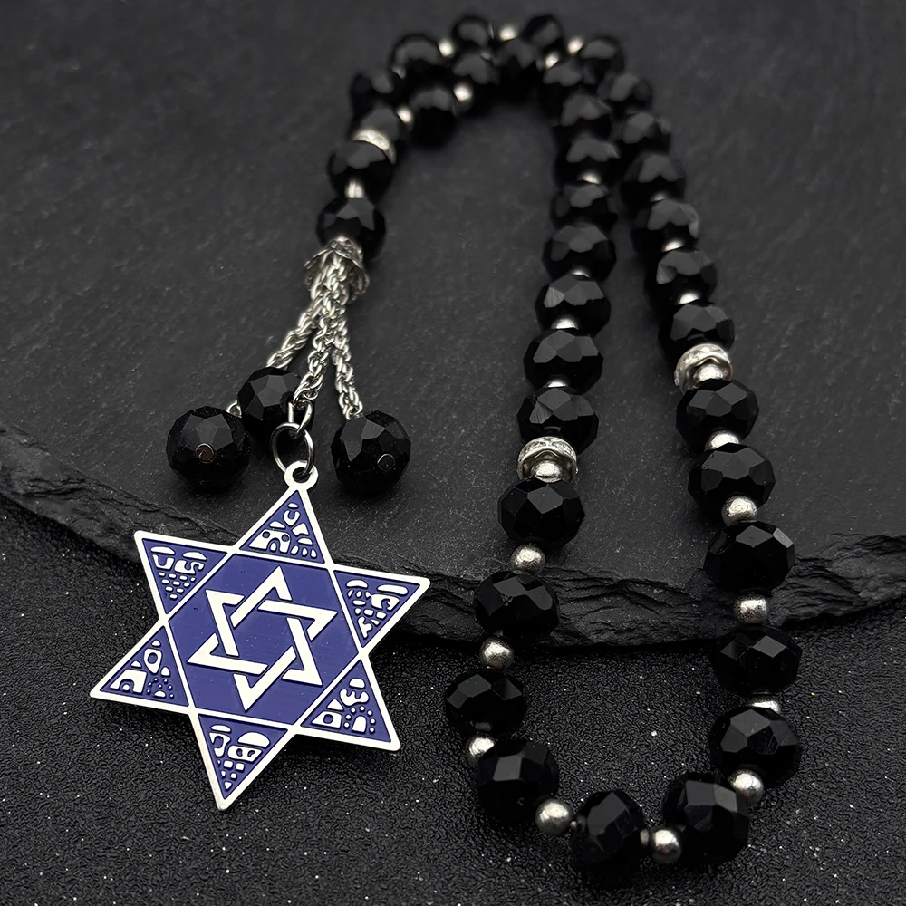 Hexagrama judaico símbolo judaica azul esmalte carro pingente de aço inoxidável estrela de david escudo 33 contas de paryer de vidro jóias presente
