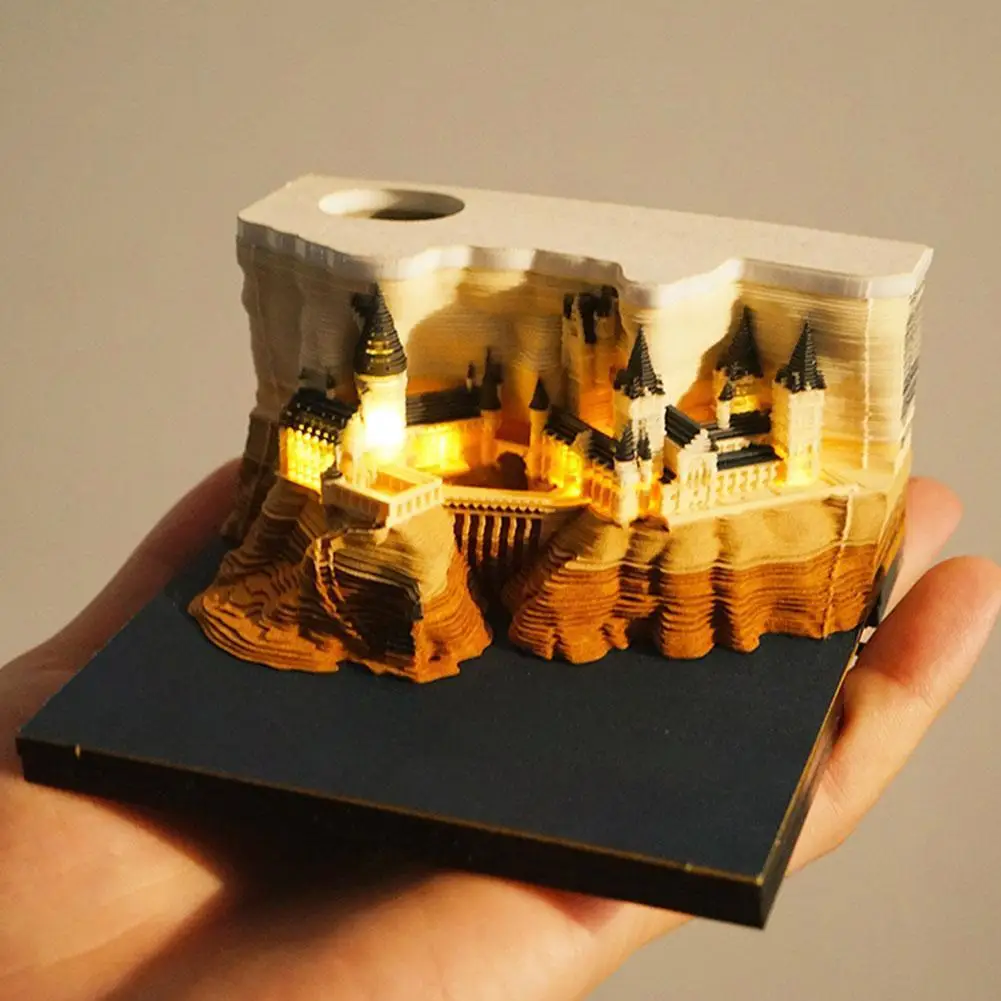 3D Paper Craft Notepad com Luz, Castelo Mágico, Calendário Semanal, Memo Note, Presentes Criativos, Acessórios de Papelaria, 2024