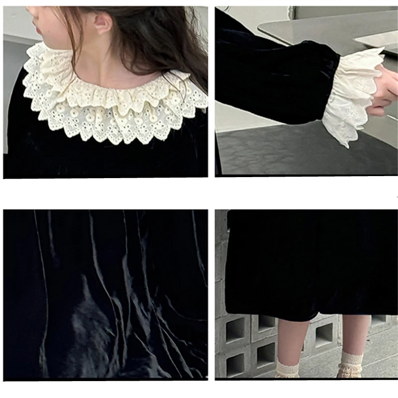 Elegant Child Long Sleeve Black Corduroy Dress With Lace Collar for Girl Autumn Evening Wear Kids Princess Retro Wedding Clothes