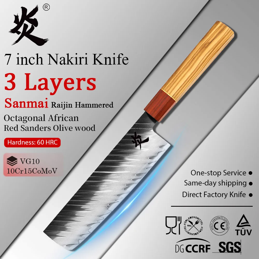 YAN 3 Layers Sanmai Damascus Steel VG10 Raijin Hammered  Nakiri Knife Octagonal African Red Sanders and Olive Wood Handle