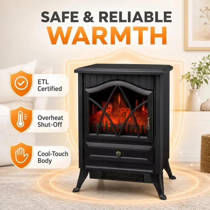 Freestanding Electric Fireplace Heater with Realistic Flame And Glowing Log Portable Space Heater Featuring Overheat Protection