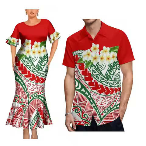 Custom Polynesian Dress For Women Cocktail Party Formal Occasion Evening Dress With Hawaiian Men'S Shirt Plus Size Couple Suit