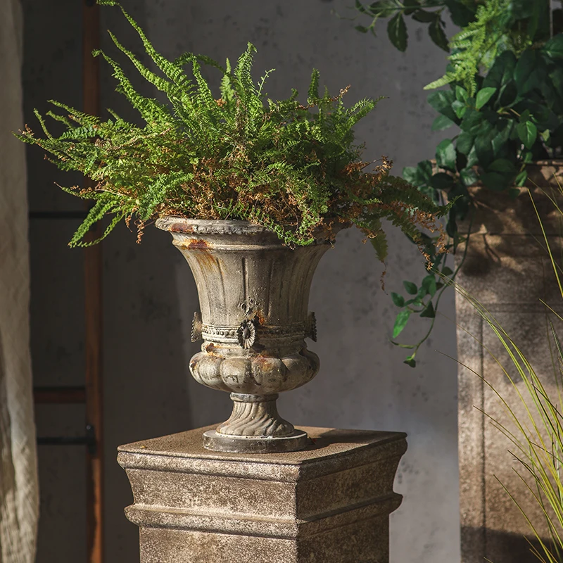 Classic Fluted MgO Garden Urn, Antique Pedestal Flower Pot, Decorative Planter Vase, Home Patio Decor, 29cm, 1.2kg