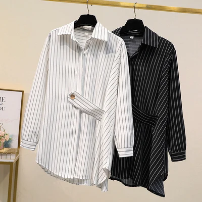 

Женская блузка больших размеров в белую полоску, весна-осень, новая, свободного кроя, асимметричная, в корейском стиле, с длинным рукавом, средней длины