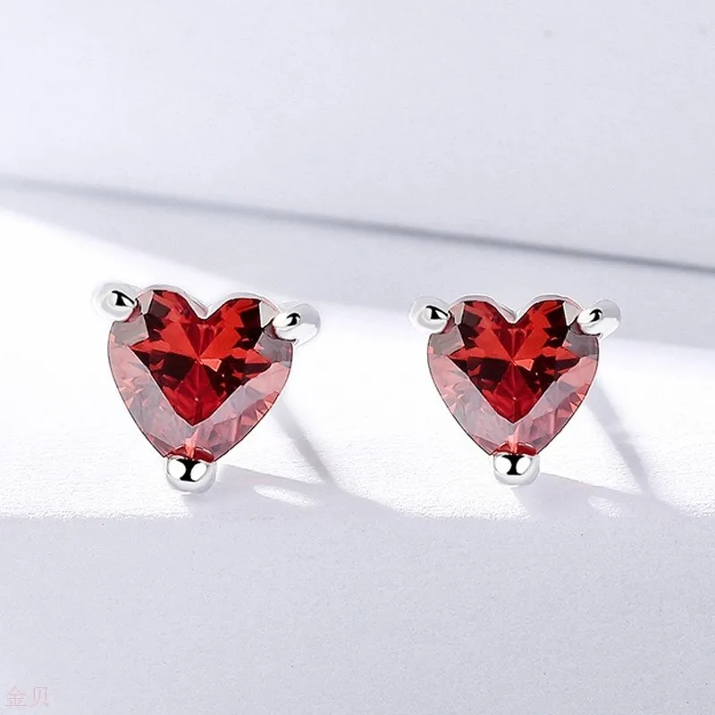 Buyee 925 Sterling Silver Small Stud Earring Light RED CRYSTAL Simple Heart Earring for Woman Fashion Party Fine Jewelry Earring
