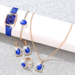 Blue 6PCS/Set Women Watch Rectangular Dial Quartz Wristwatch PU Leather Strap Watch Rectangular Blue Gemstone Set Gift For Mom