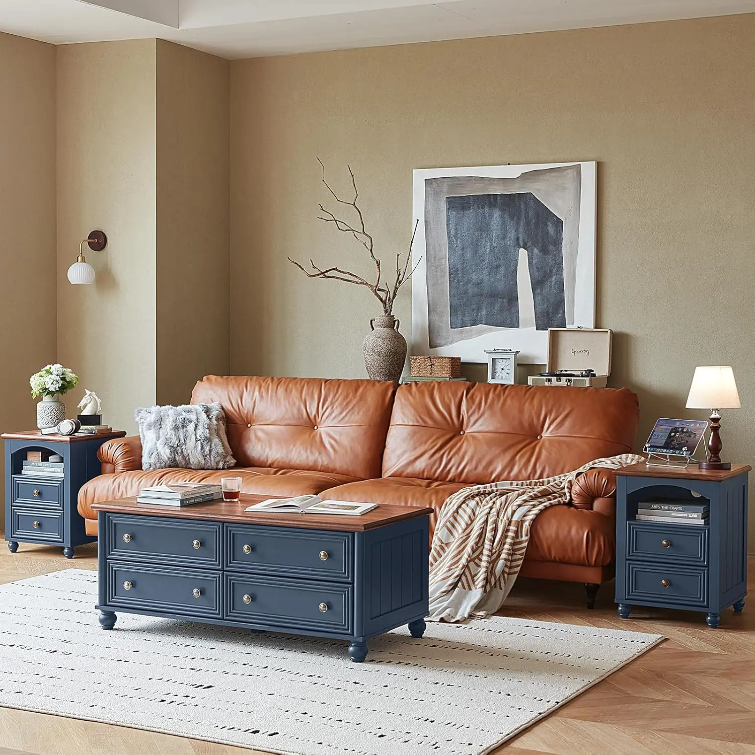 

18" Blue Wood Nightstand with Charging Station, 2 Drawers & Shelf, Bedroom Living Room Closet, Customized