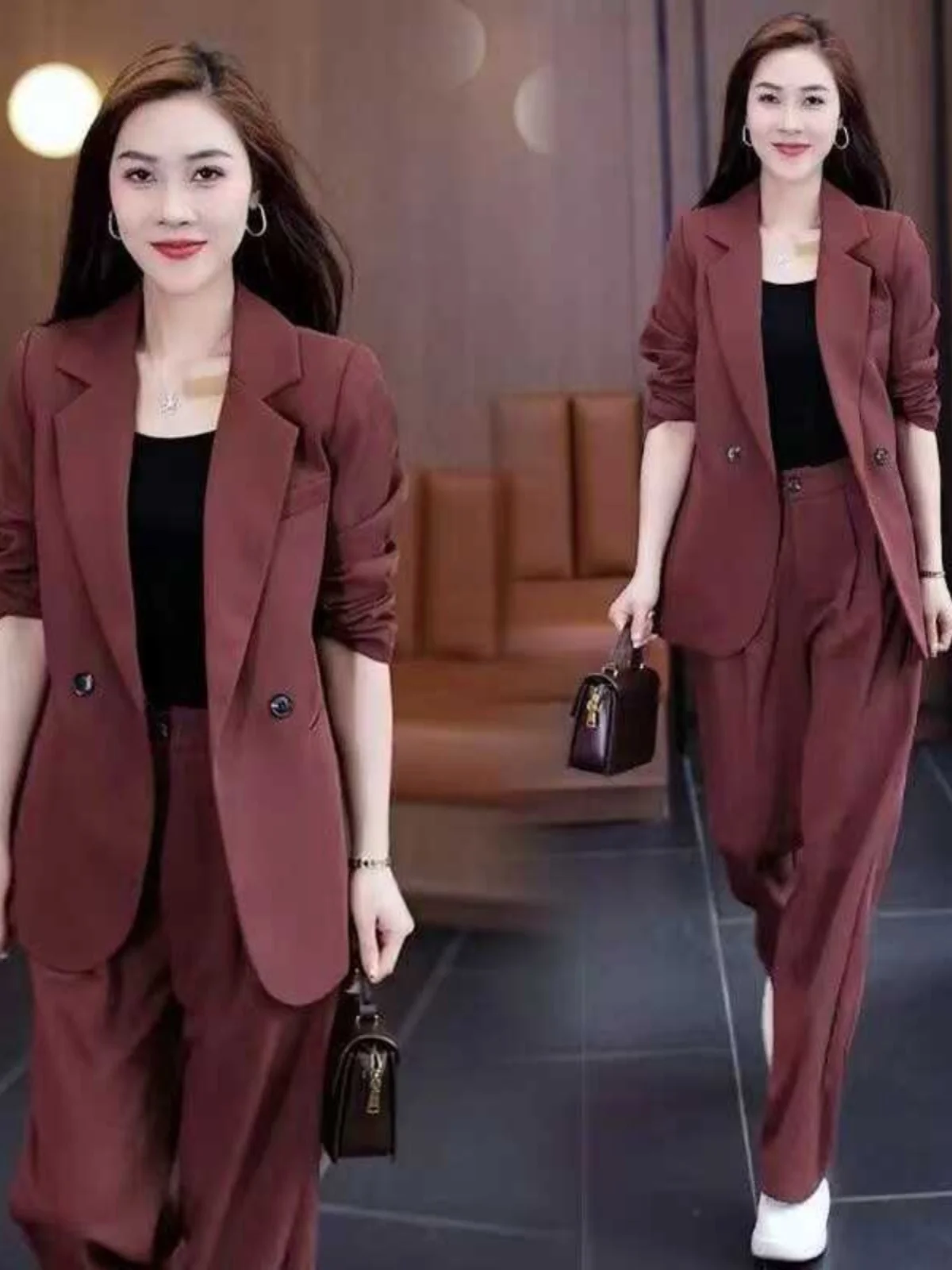 

Модный женский костюм-двойка в корейском стиле: топ и брюки с высокой талией, осенний комплект