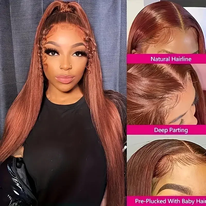 32 Inch Reddish Brown Straight Human Hair Wig 13x4 Lace Front Wig Colored Brazilian Transparent Lace Frontal Wig For Women