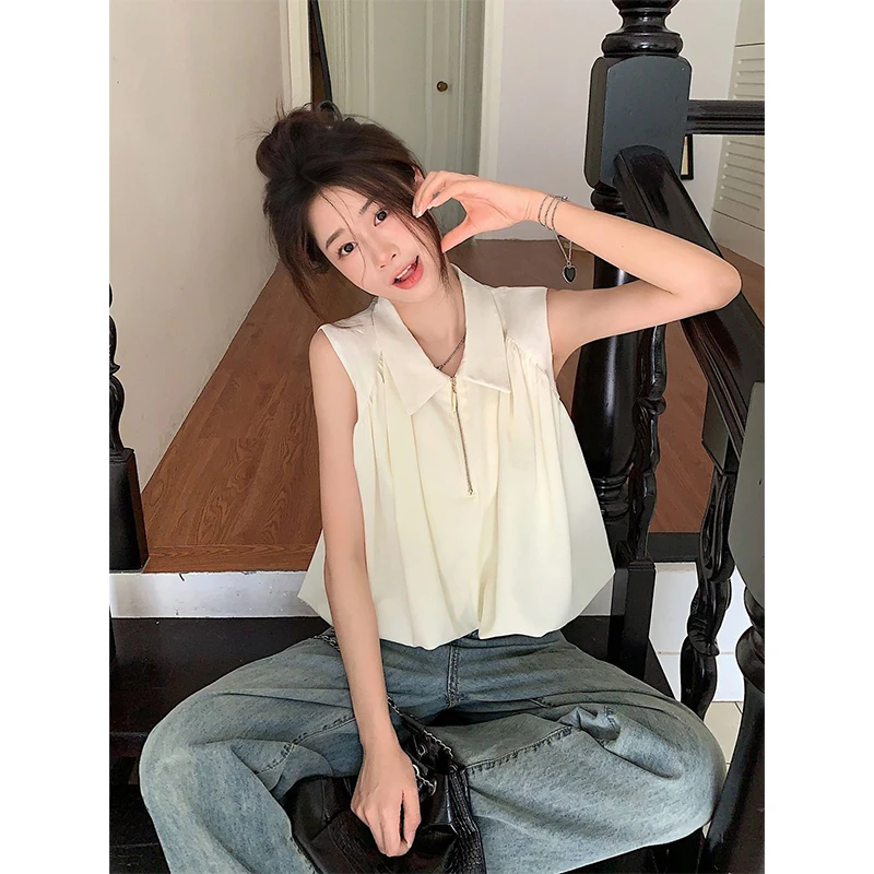 Women Summer Fashion Loose Temperament Solid Color Zipper Polo-Neck Sleeveless Tank Top Ladies Simplicity Appear Thin Trend Tops