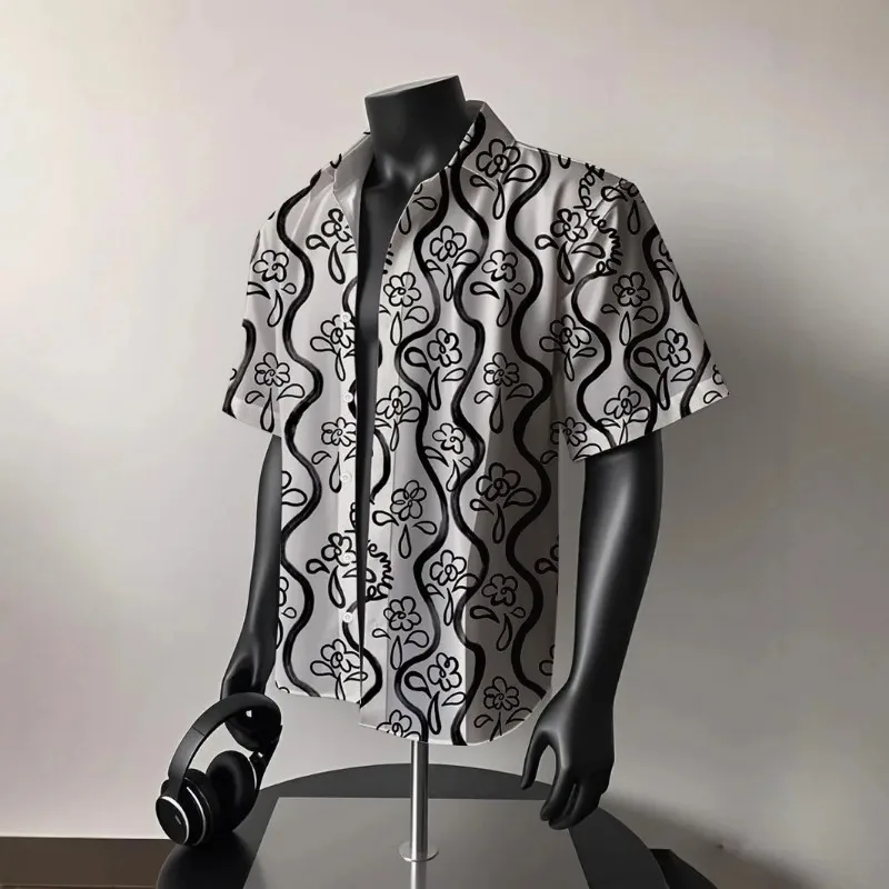 Men's Black And White Floral Wave Print Short Sleeve Shirt Contrast Collar Button Down Casual Summer Shirt