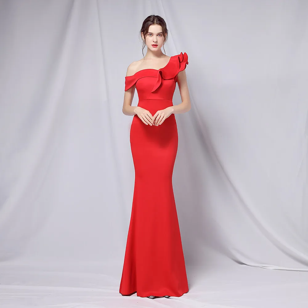 One-Shoulder Fashion Evening Dress Long Elegant And Slim Sexy Fishtail Solid Color Floor-Length Dress Summer New Style