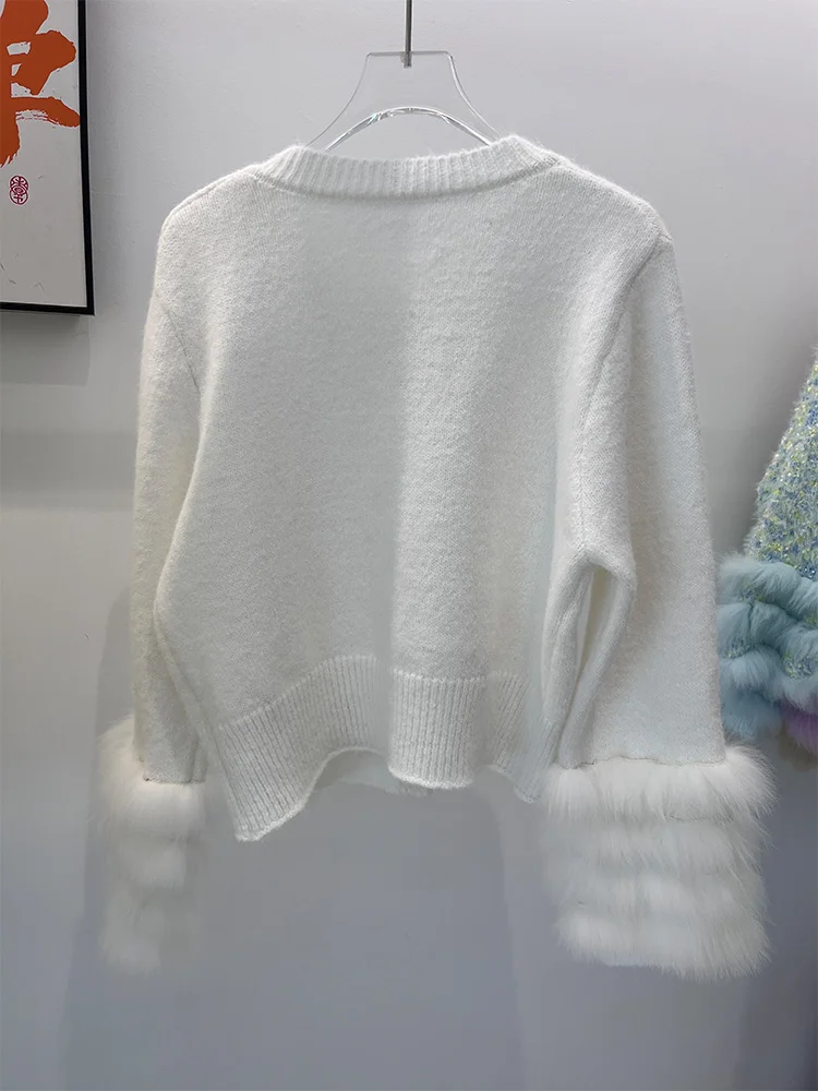 2025 신상 여성 가을 리얼 퍼 봄 풀오버 코트 리얼 폭스 퍼 숏 니트 스웨터 코트 여성 럭셔리 자켓