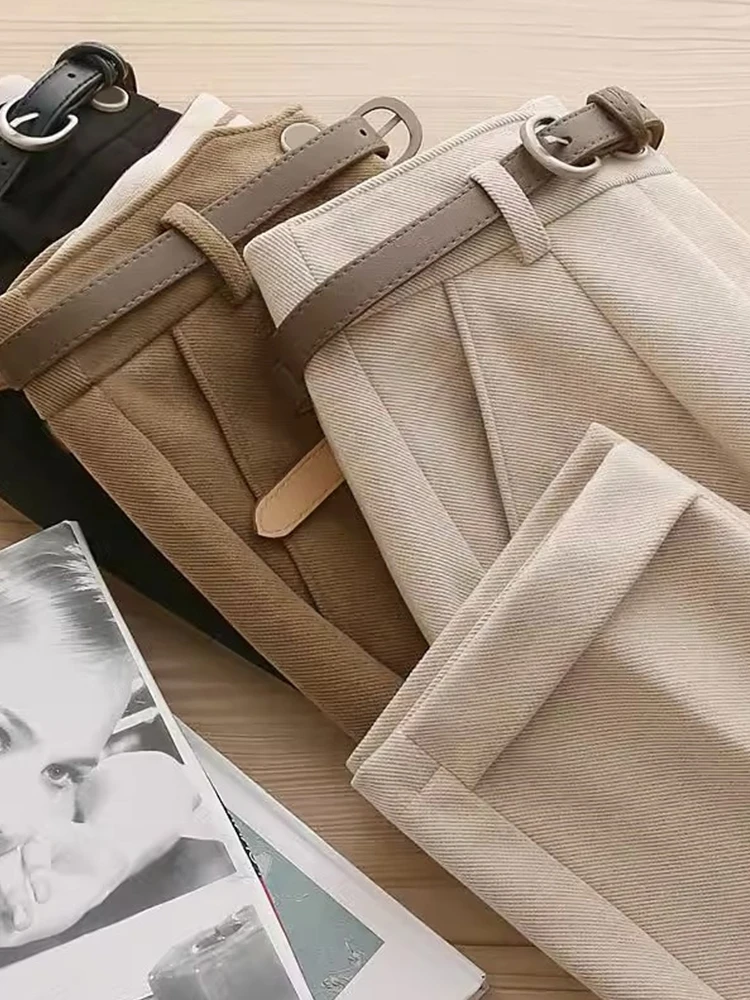 Faionable ارتفاع الخصر بنطال ذو قصة أرجل واسعة الخريف بناطيل كاجوال Ele ed أنبوب تسع نقاط السراويل تخفيف Sle l الخصر #1