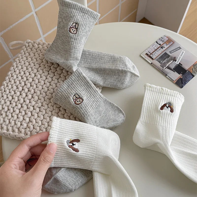 1 Pair New Embroidered Dog Pattern Mid Tube Soft Cotton Socks Cute Campus Street Unisex Hipster Couples Gift Socks